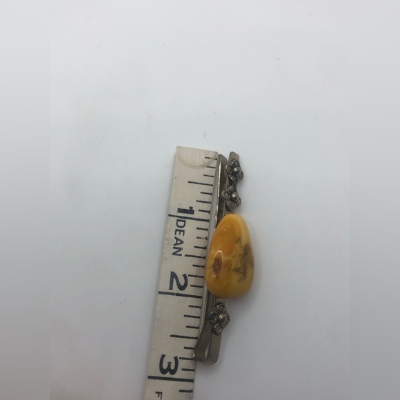 Vtg Baltic Amber Floral Silver Tone Metal Money / Tie Clip 2.2” / 1” Amber Stone - Picture 4 of 5